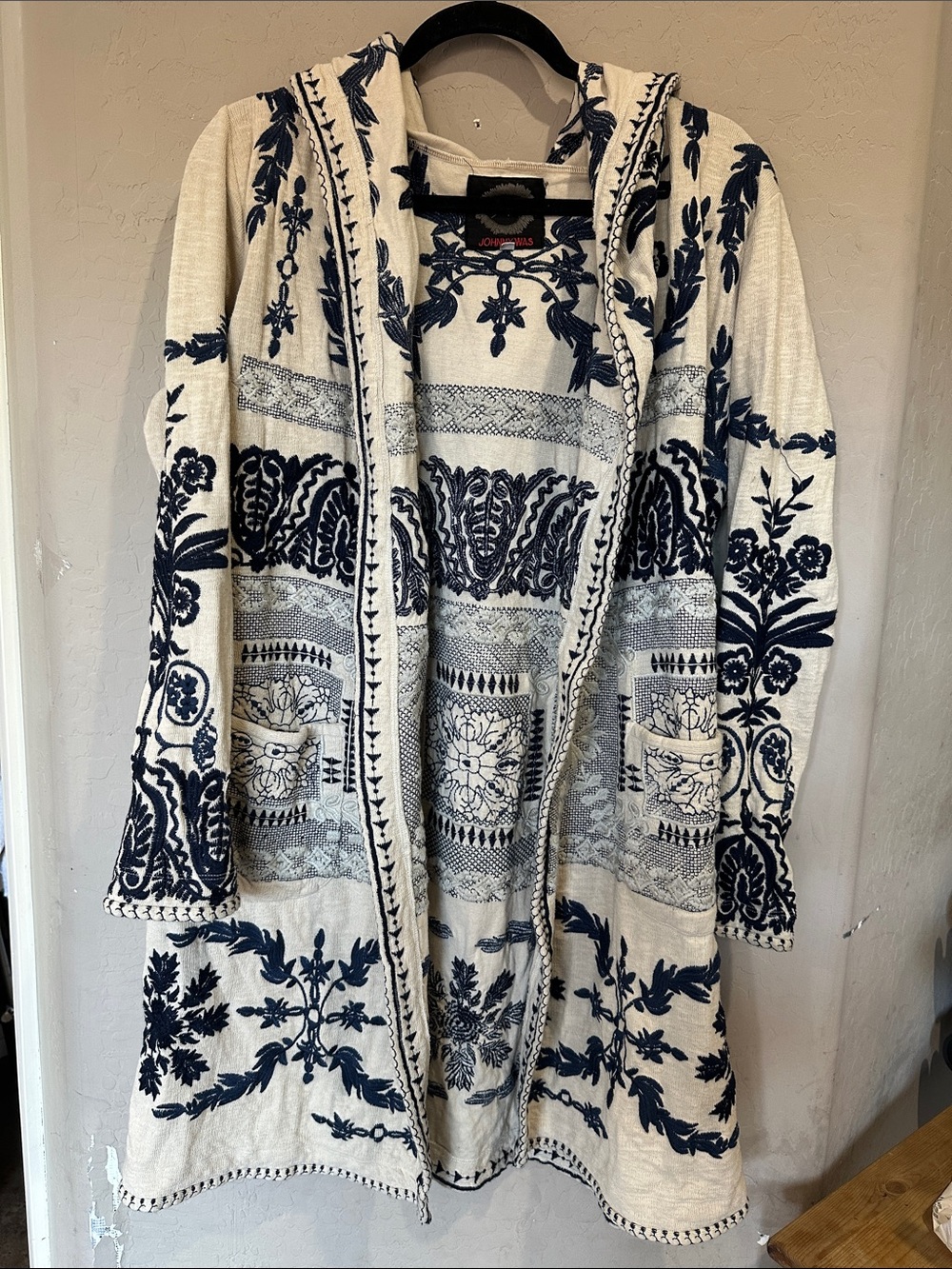 Johnny Was Cream Hooded Cardigan with Navy Floral Embroidery